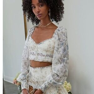 V. Chapman Corset Top Women 2 Cream Blue Floral Lace Up Puffed Sleeve Regency